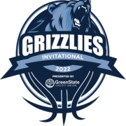 A blue grizzly bear raising its head in a roar on top of the wordS GRIZZLIES INVITATIONAL 2022 presented by GreenState Credit Union and the outline of a basketball.